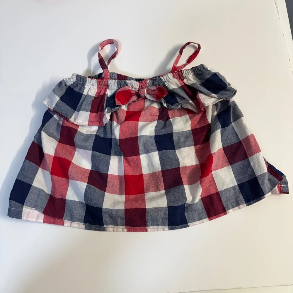OshKosh Bgosh Toddler Girls 3T Red Blue White Plaid Ruffle Bow Camisole Top